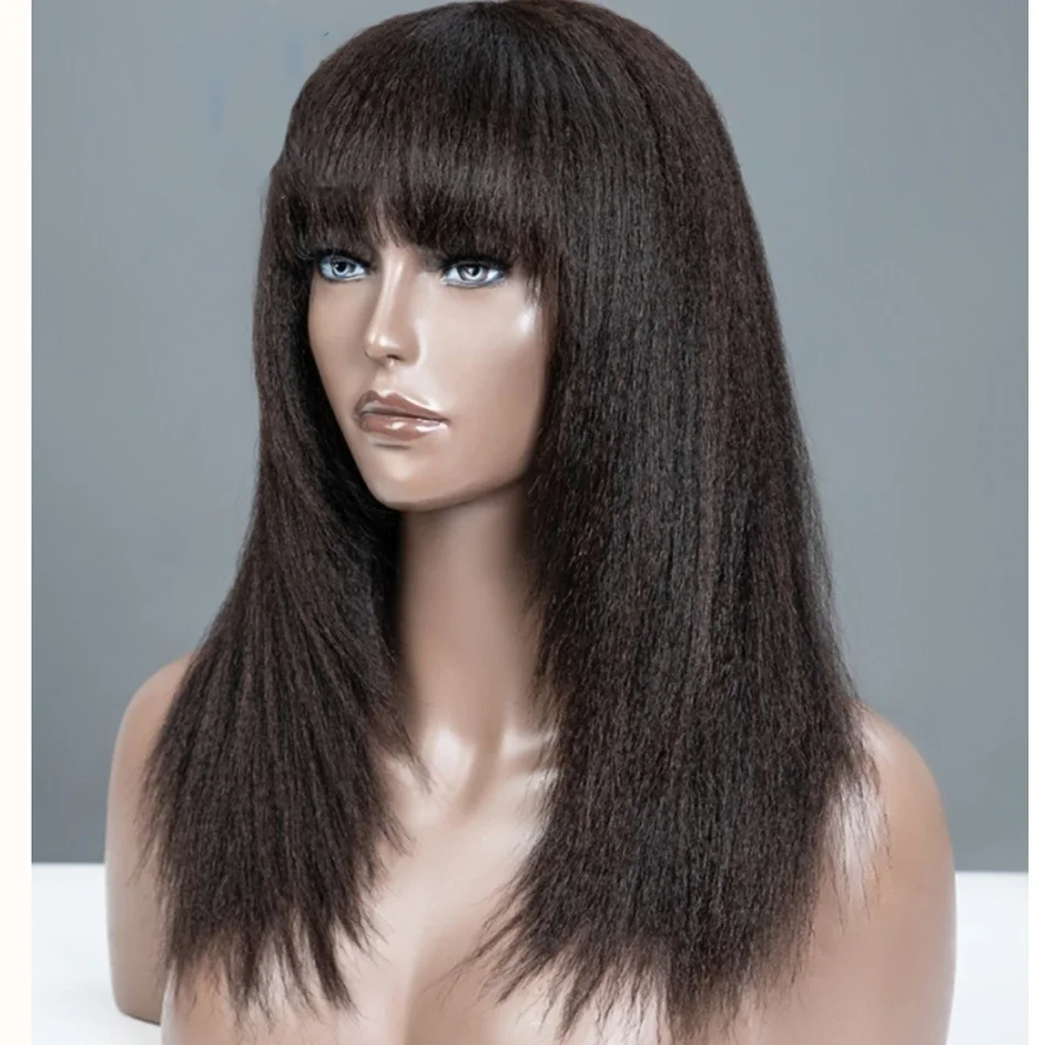 Yaki naturale nero lungo 180 densità 26 "lungo morbido senza colla crespo dritto parrucca a macchina con frangia per le donne BabyHair prepizzicato