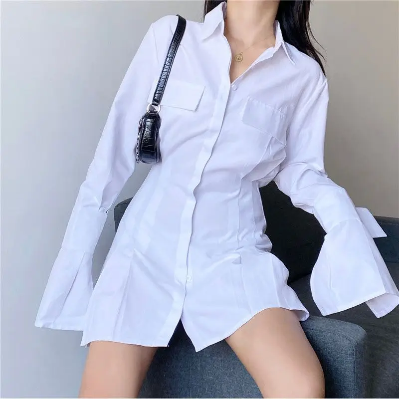 

Retro, Simple, Versatile, Waist Cinching, Slimming Temperament, Long Sleeved Slim Fit Collar, Flared Sleeve Shirt Dress