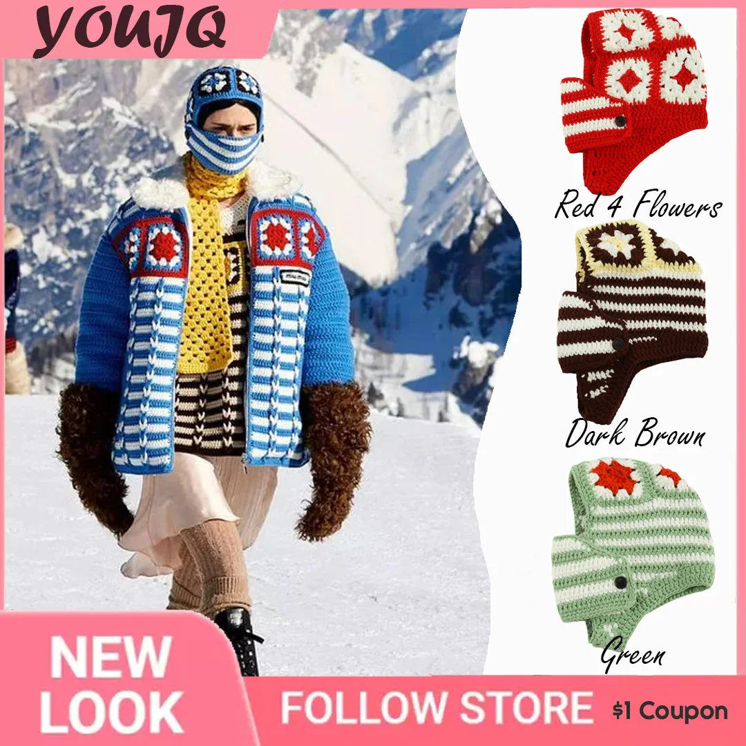 

Korea Grid Hoods Hat Autumn Warm Knitted Floral Balaclava Mask Crochet Pullover Ear Protection Beanie Women Ski Gorras Hombre