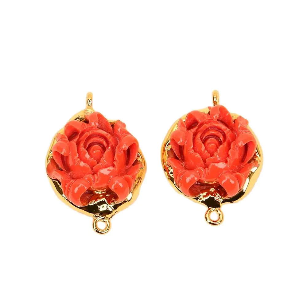 APDGG 5 Pcs Orange Red Resin Coral Flower Gold Plated Connector Double Ring Jewelry Finding