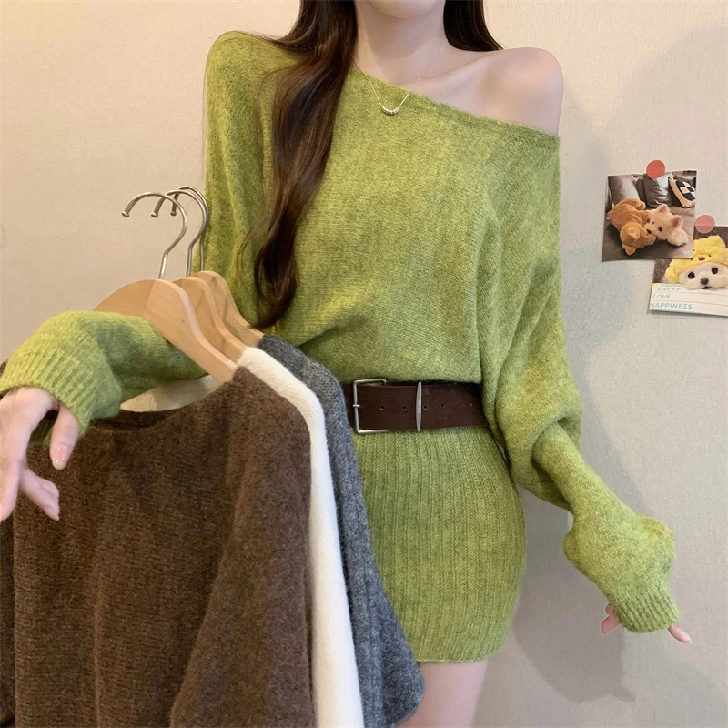 

Korean Sle Lazy One oulder High Knitted Wrap Skirt Dr Autumn Winter New Women's Faion Slim Fit Long Sve Color