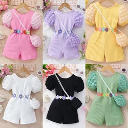 Girl's bubble sleeve groove back cross jumpsuit with bag included