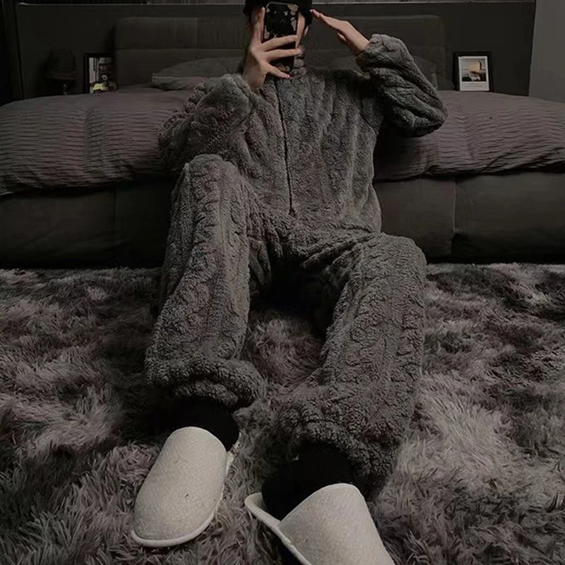 Solid Pajamas for Men Fleece Winter Sleepwear Korean Zipper Sleeping Night Wear Pijama 2 Pcs Pants Sets Warm Home Suit 2024 New