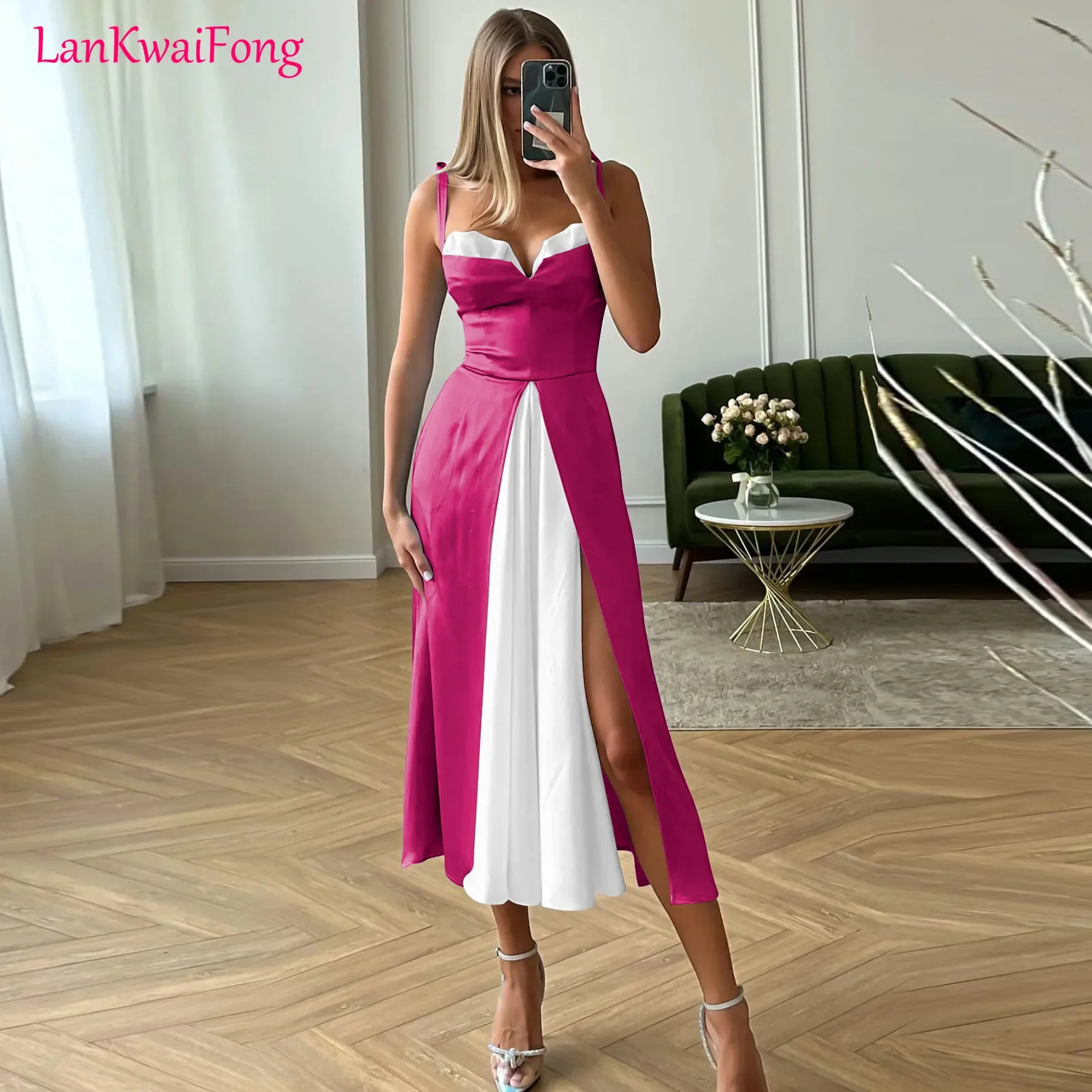 . 2024 New Party Women's Dress Split Hanging Strap Waist Casual Fake Two Satin Style MIDI Evening Dress