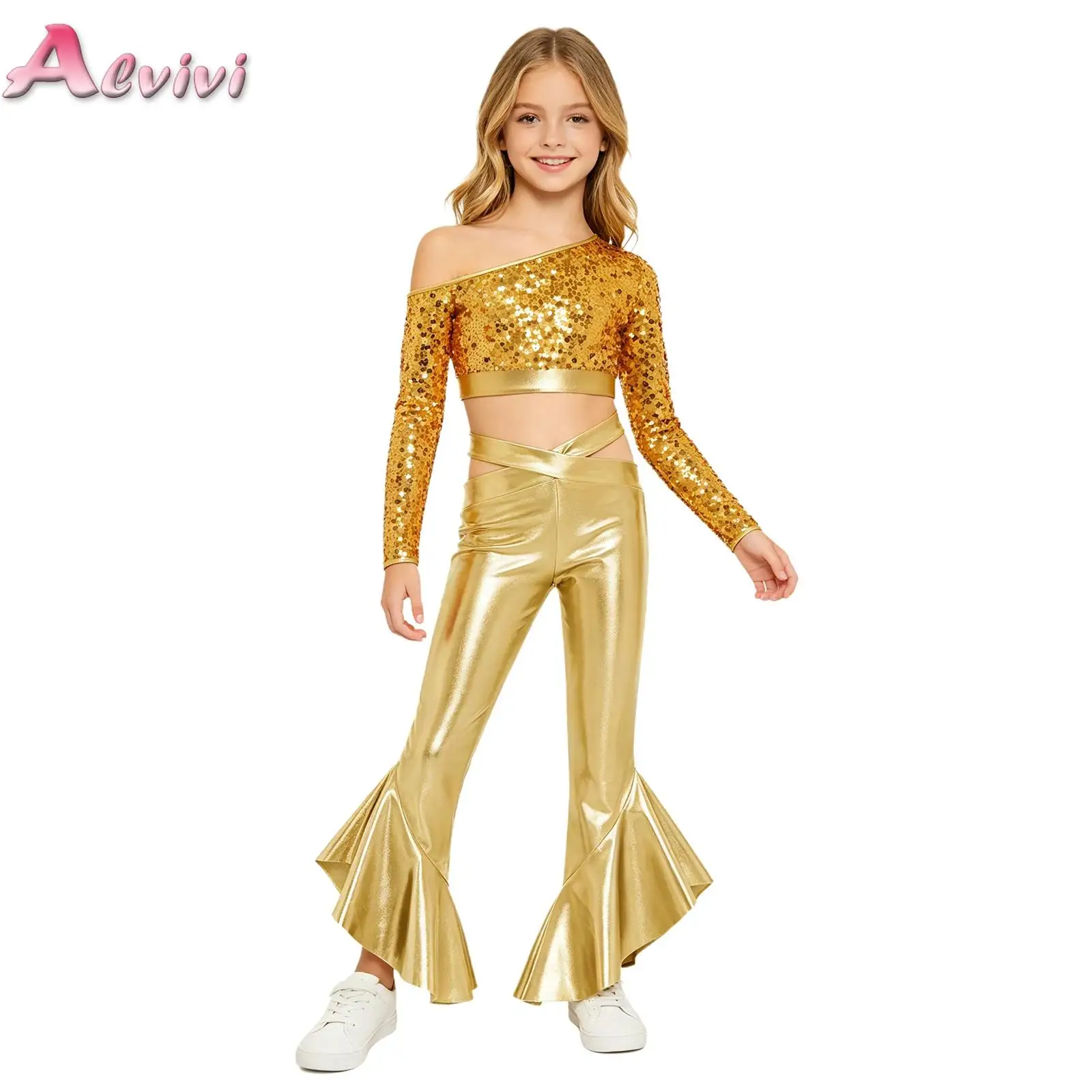 Kids Girls Metallic Party Set Jazz Dance Costume One Shoulder Long Sleeve Sequins Crop Top with Flared Pants for Performance
