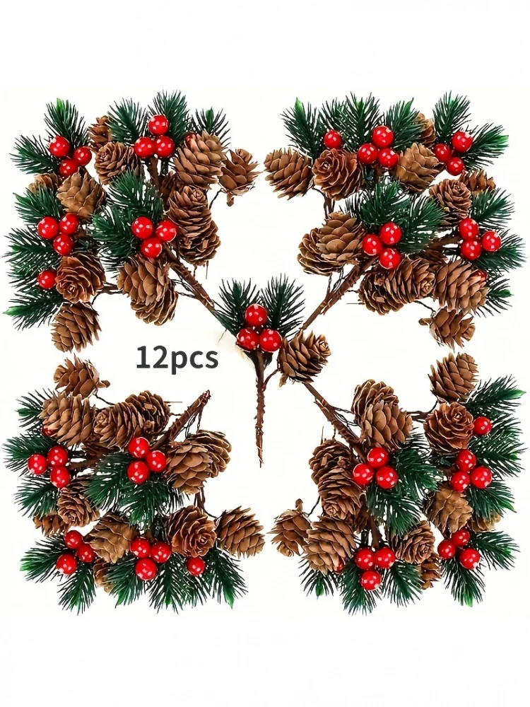 12 szt. Sztucznych szyszek sosnowych z czerwonymi jagodami, ozdoba świąteczna, igły sosnowe na choinkę. — 2