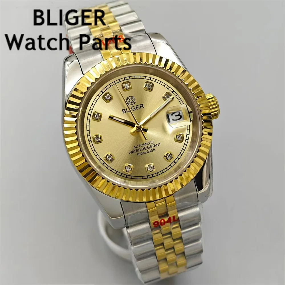 BLIGER 36mm/39mm Luxury Men Watches NH35 Automatic Silver Gold Case Gold Dial Diamond Blue AR Coated Glass Date Waterproof