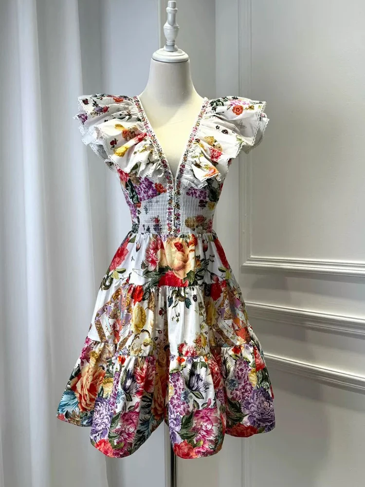Retro 2024 summer women\'s new V-neck flying sleeve printing holiday wind backless lace-up dress fashion short A-line skirt