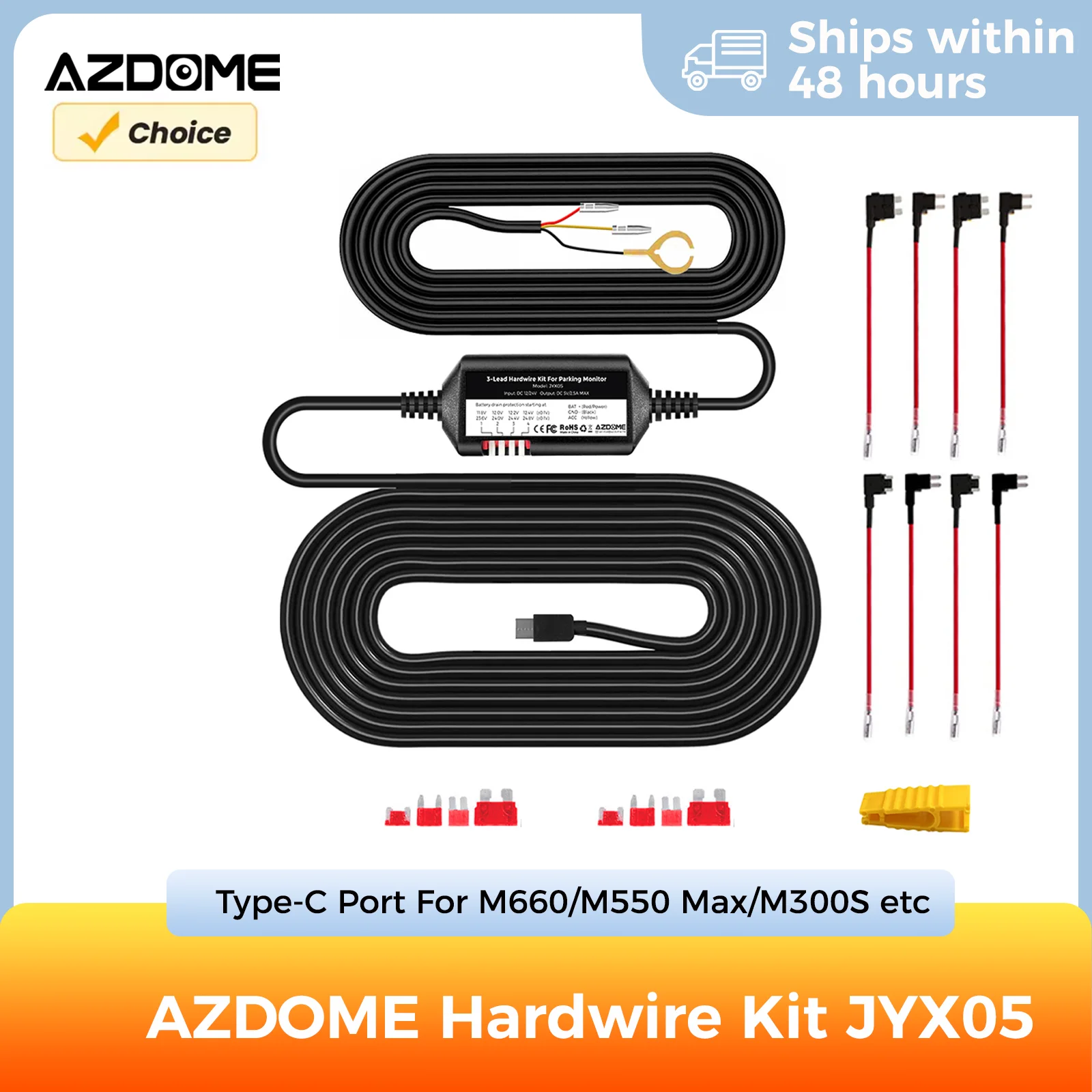 Azdome Hardwire Kit JYX05 for Dash Cam Type-C Interface Low Voltage Protection 24H Parking Surveillance for Azdome Dash Cams