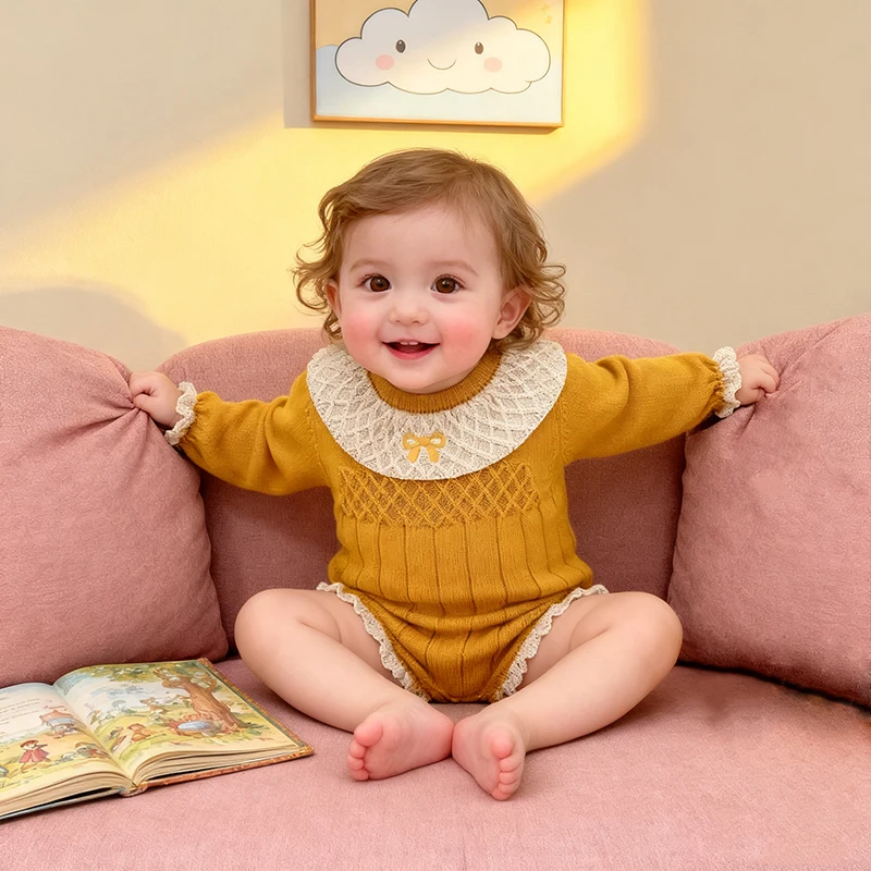 

Осенний детский вязаный комбинезон для новорожденных девочек, комбинезон с бантом, вязаный комбинезон с круглым вырезом и пышными рукавами, осенний милый свитер