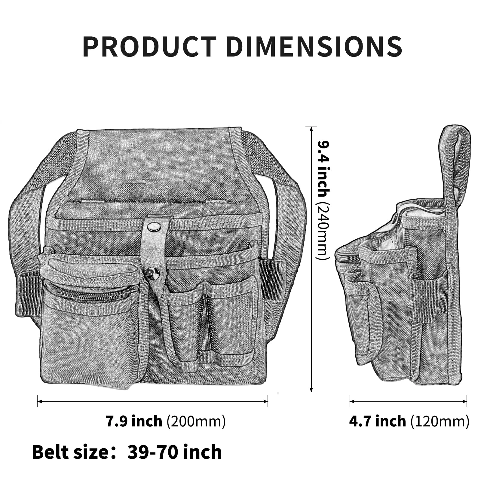 8 Pockets Tool Pouch Bag, Utility Zipper Pouch with Adjustable Waist Belt for Electrician, Carpenter, Construction, Contractor