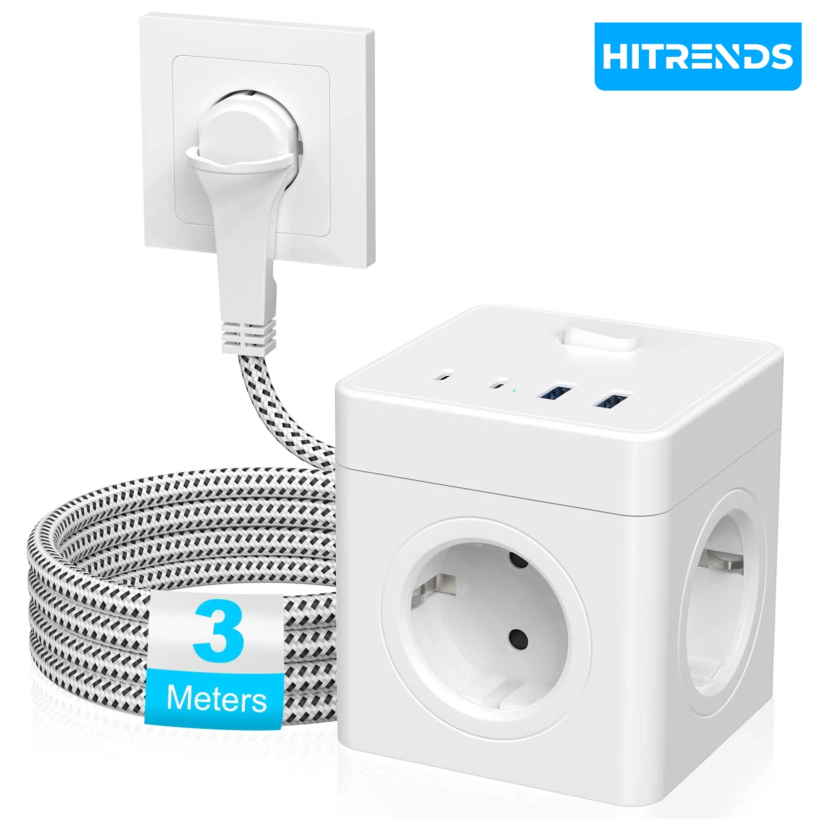 HITRENDS 8-in-1 Cube Socket, 3-meter Extension Cord, Flat Ultra-Thin Plug, 4AC + 2USB + 2USB-C 4000W, Desktop Travel Power Strip