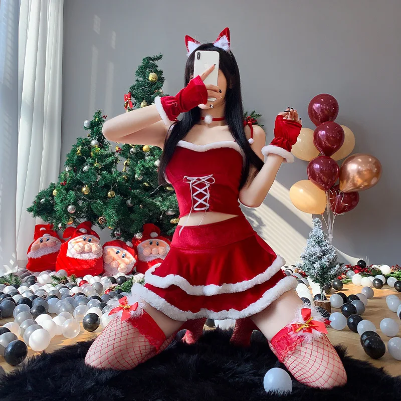 Women Chinese Christmas Costumes Santa Claus Cosplay Costume Stage Party New Year's Uniform Tube Top Skirt Accessories Set