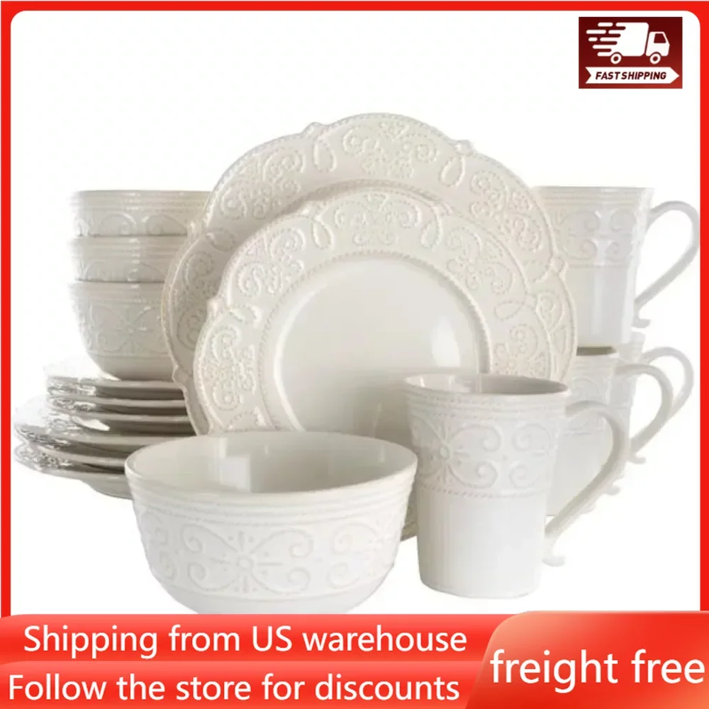 

Tableware Set of Plates Dinner Sets Free Shipping 16 Piece Embossed Scalloped Stoneware Dinnerware Set in White Food Plate Dish