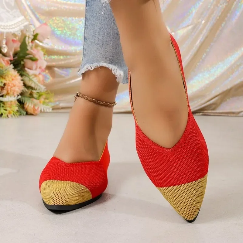 Autumn Women Mesh Breathable Pointed Toe Shoes Fashion Soft Bottom Knitted Shoes Color Mixing Casual Slip on Footwear Loafers