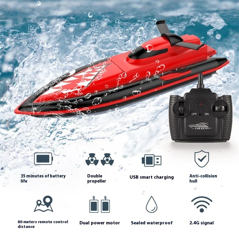 25 Km/h Rc Boot 2.4G 808 Haai Afstandsbediening Abs High-Speed Boat Power Dual Roer Motor Waterdicht Boot Speelgoed Cadeau Voor Kinderen