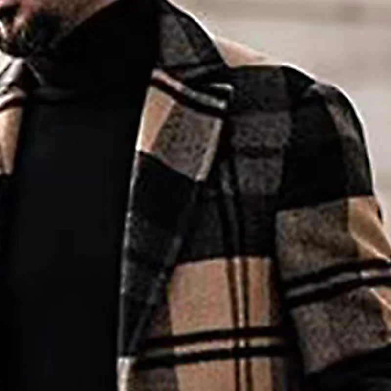 Men Casual Plaid Woolen Overcoat Autumn Winter New Mid Length Loose Comfortable Elegant Fashionable Versatile Woolen Overcoat