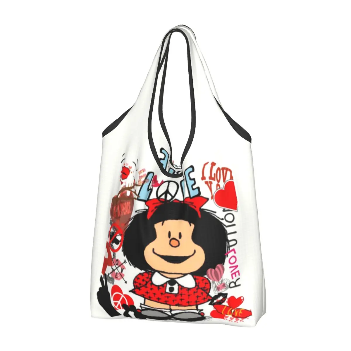 Custom Love And Mafalda circondato da Hearts Shopping Bags portatile di grande capacità generi alimentari Manga Cartoon Shopper Tote Bags