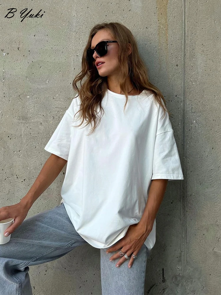 Blessyuki Trendy 100% Cotton Basic T Shirts Women Summer Loose Soft High Street Tees 2023 Casual Short Sleeve Solid Female Tops