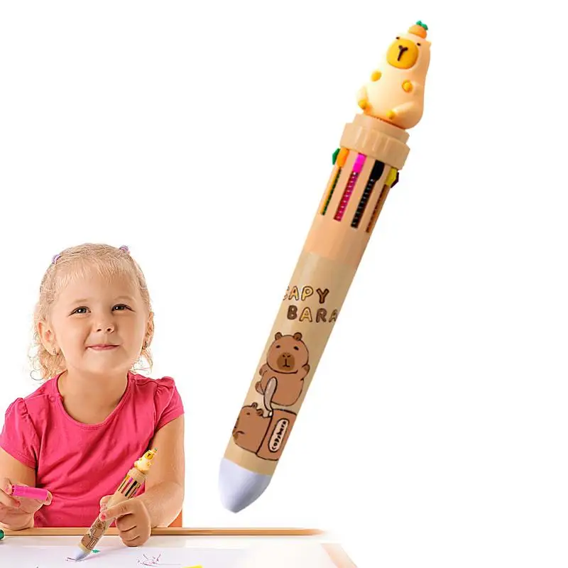 Capybara-Stylo à bille 10 en 1, mignon, 0.5mm, encre gel colorée, fournitures scolaires et de bureau