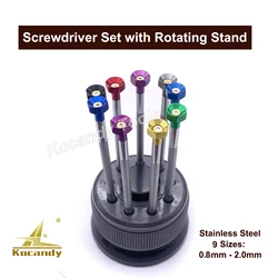 Watch Repair  9 pcs Screwdriver Set  with Rotating Stand and Replacing Tips Flat Head and Phillips Head Watch Tool Kits