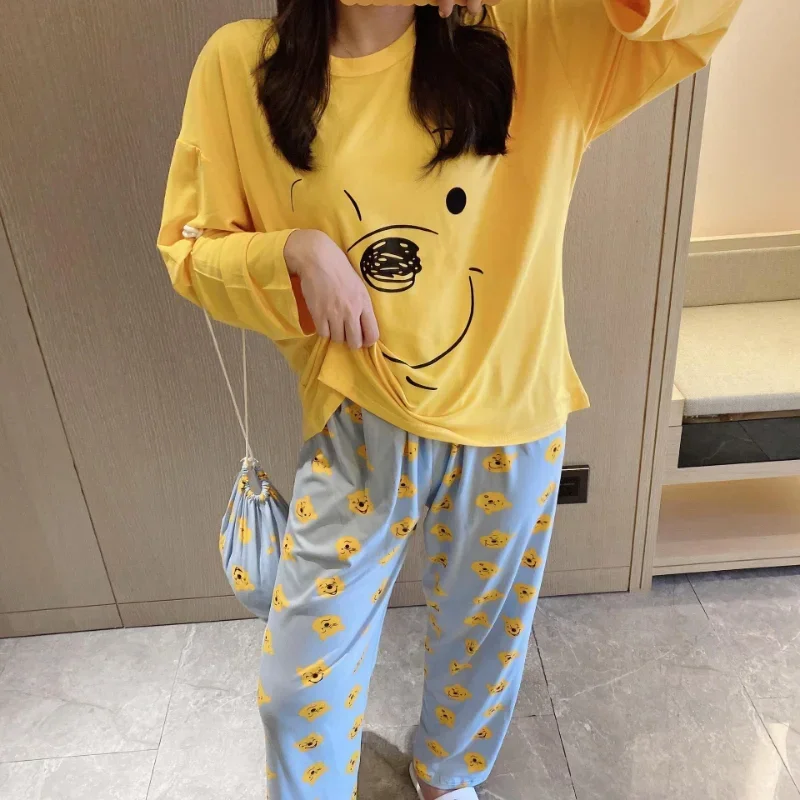 Disney outono novo winnie the pooh pijamas femininos algodão calças de manga comprida conjunto de duas peças pijamas de seda conjunto de loungewear