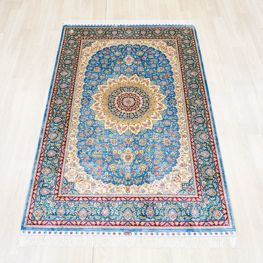 122x183cm Persian Handknotted Silk Rug Exclusive Scenery Blue Home Carpet (TJ828A)