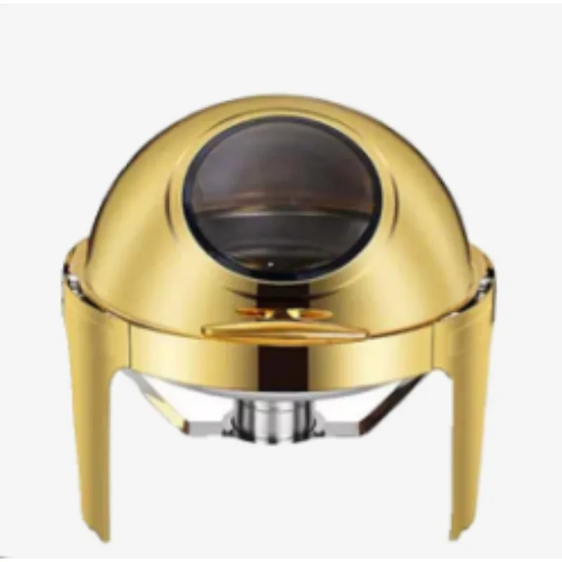 Stainless Steel Golden Round Chafing Dish, Full Flip Visible Cover, Electric Warming Buffet Server for Hotel Breakfast