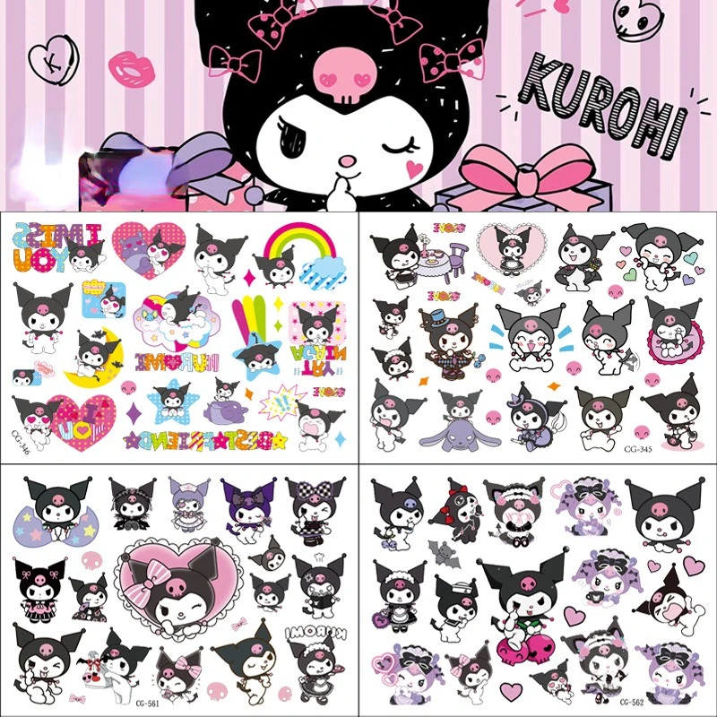 Pegatinas de tatuaje con temática Sanrio Kuromi, tatuajes temporales para niños, suministros para fiestas de cumpleaños, recuerdos, pegatinas de