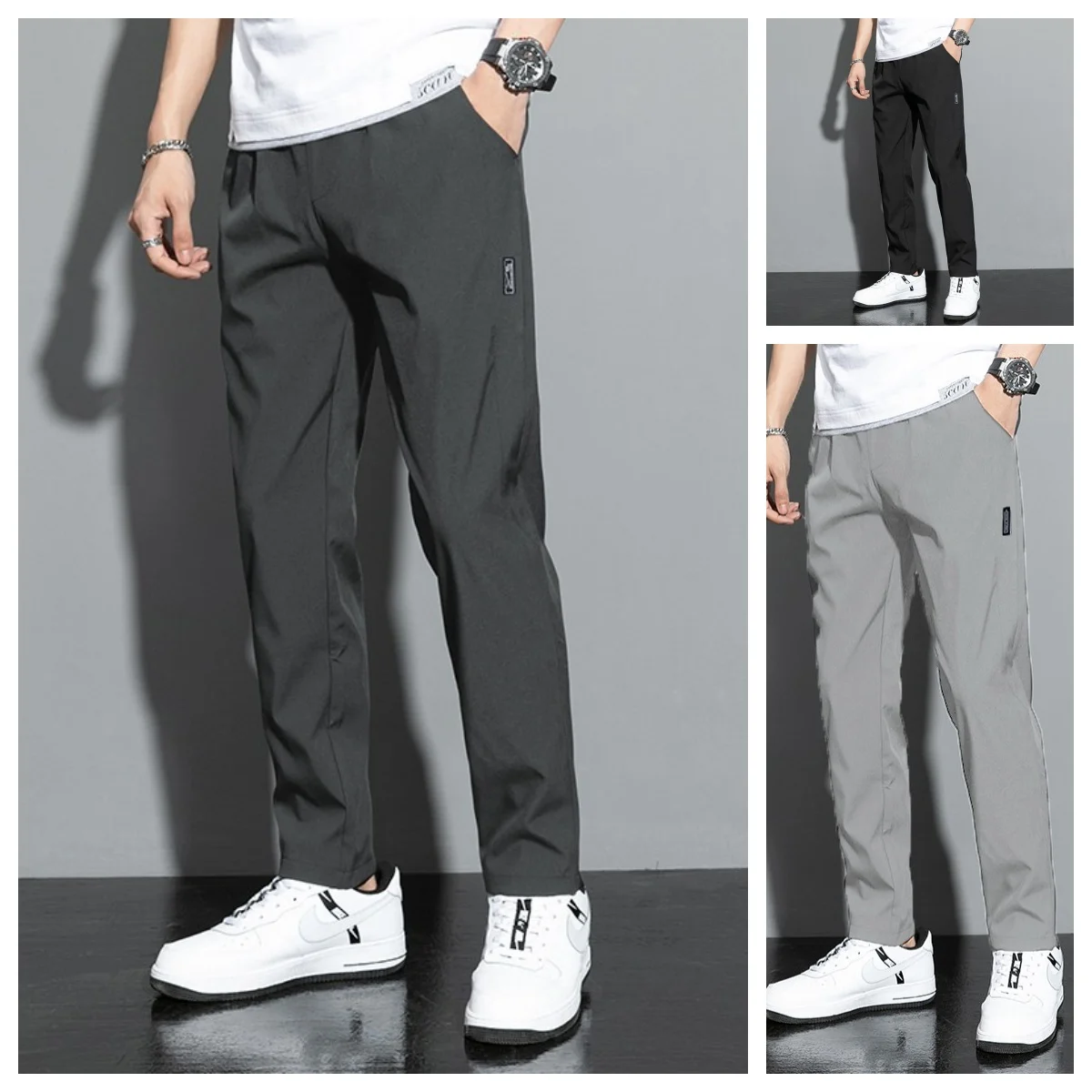 Ice Silk Men\'s Pants 2023 Summer Black Gray Thin Business Casual Pants Outdoor Elastic Breathable Straight Leg Sweatpants