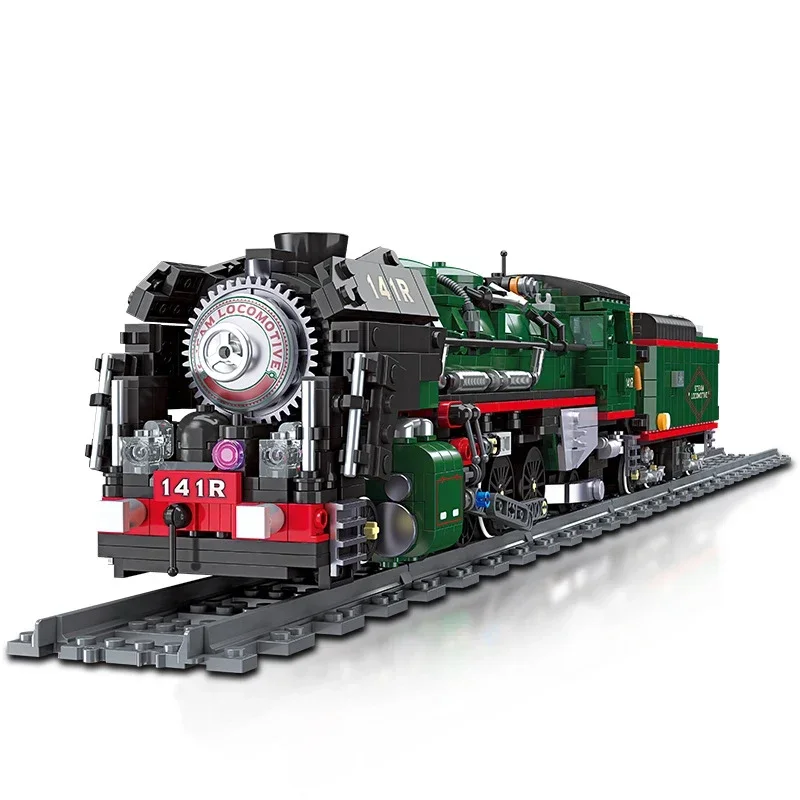Retro Stoomtrein 141R Bouwstenen MOC Assemblagemodel Desktop Ornament Cadeauset voor jongens Volwassenen voor kerstvieringen - afbeelding 2