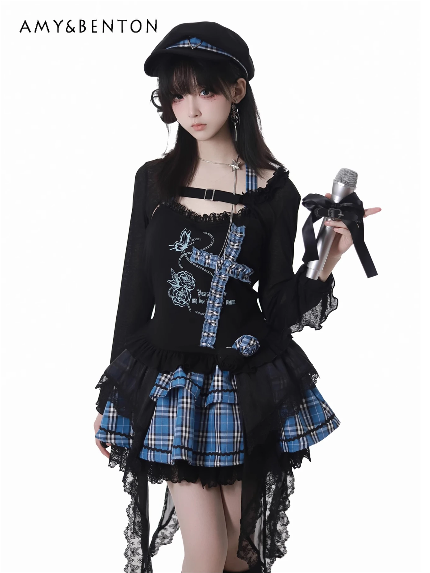 

American Spice Girl Plaid Contrast Y2K Set Sweet Cool Printed Neck Sleeveless Suspender High Waist Lace Skirt Two-piece Set