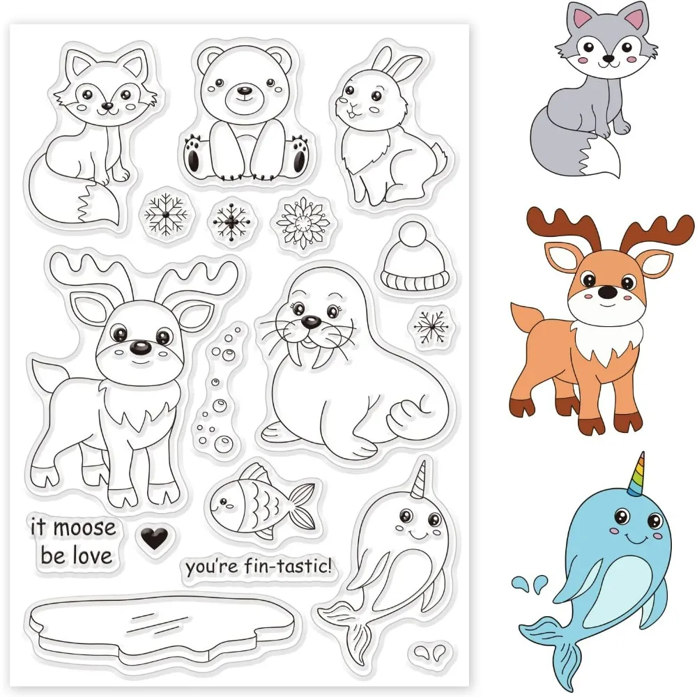 Animal Silicone Clear Stamp Reindeer Polar Bear Rabbit Walrus Narwhal Fish Transparent Stamp for Holiday Card Making DIY