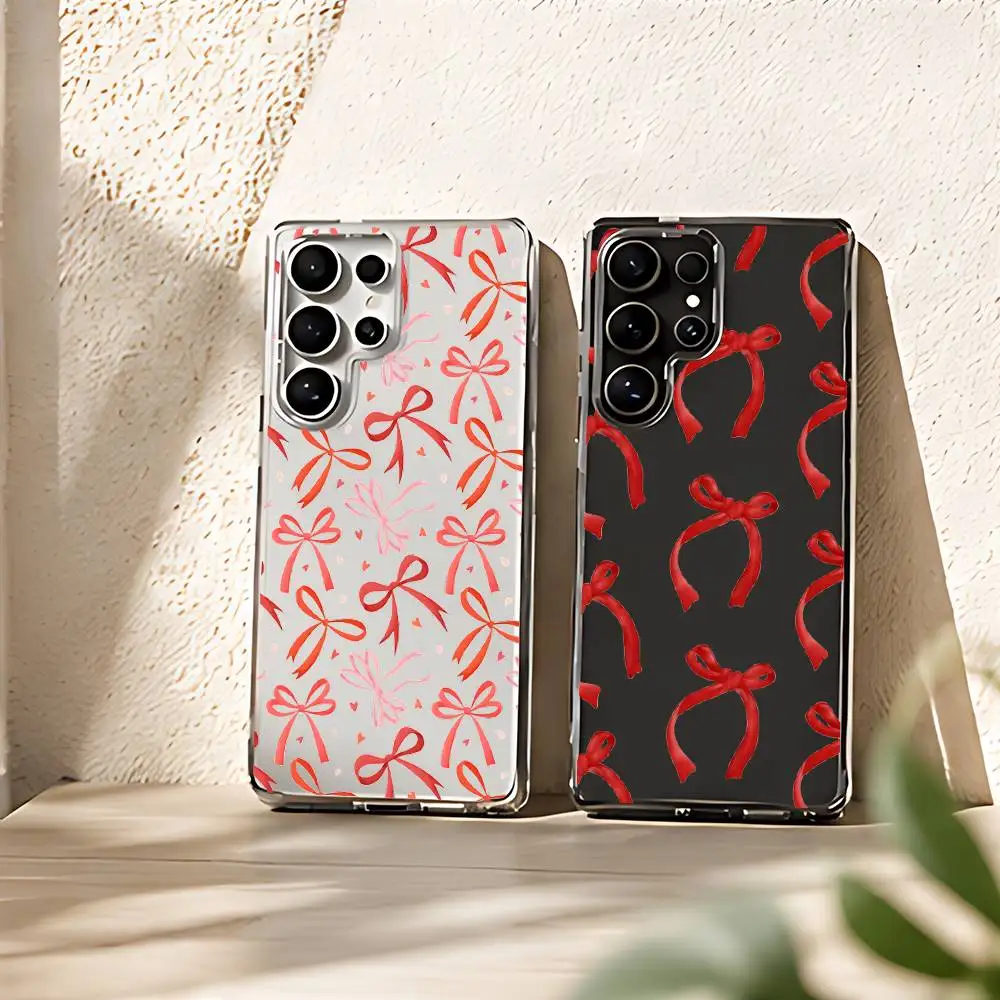 Fashionable Red Pink Bow Phone Case For Samsung Galaxy S21 S22 S23 S24ULTRA S25ULTRA FE Ultra Plus5G A52S S26 Soft TPU Cover