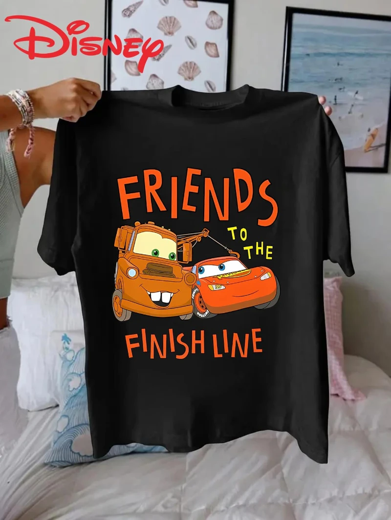 

Disney Car "Friends of The Finish Line" Black Men Women T-shirts Soft Cotton Lightning McQueen Casual Round Neck Short Sleeve