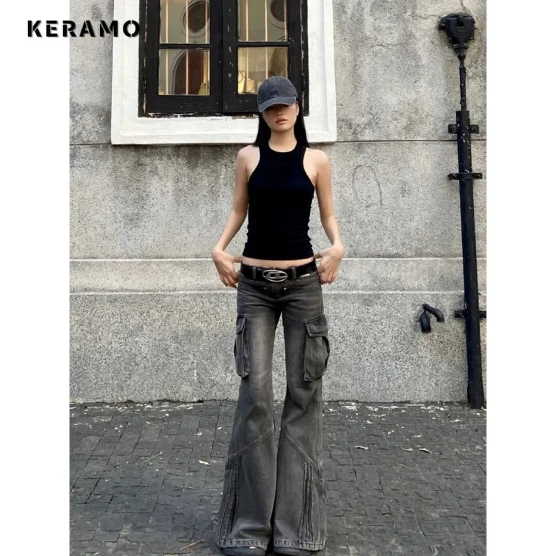 American Vintage High Waisted Straight Y2K Grunge Jeans Women's Casual 2000s Flared Pants High Street Washed Denim Trouser