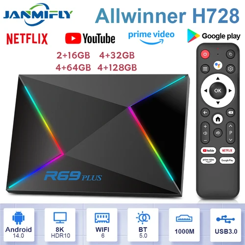 Imagen 1 del producto R69 plus Control de voz 8K Ultra HD TV Box Octa Core Allwinner H728 compatible con Netflix WIFI 6 decodificador