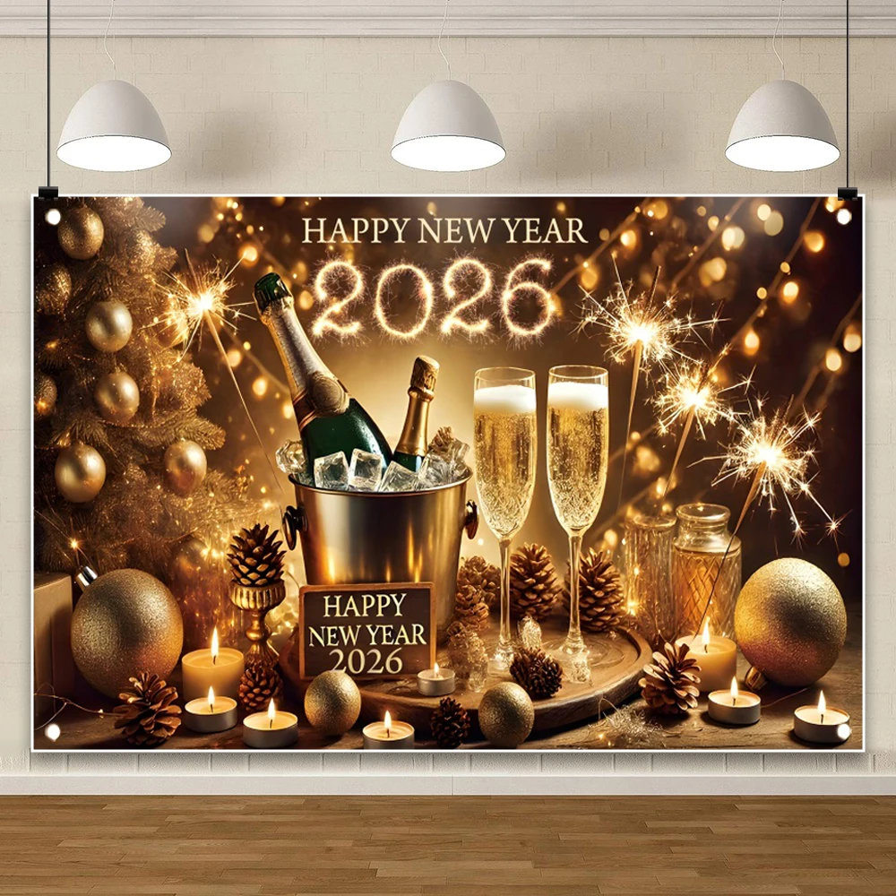 2026 New Year Party Celebration Shooting Backdrop Golden Balloons Champagne Glitter Lights Cheers Family Portrait Backgrounds