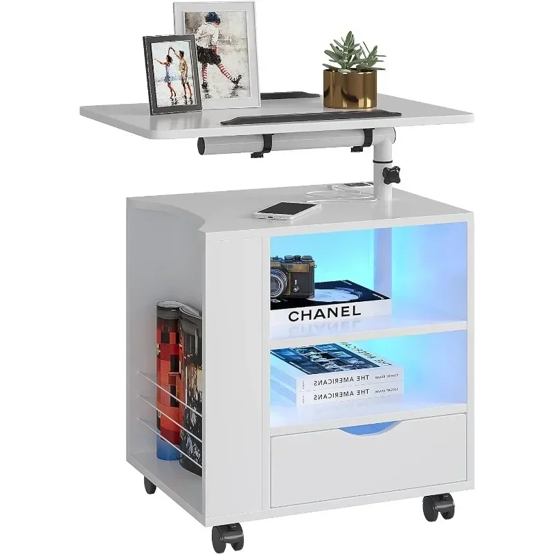 

LED Nightstand with 2 USB Charging Station,White Nightstand Has Adjustable Rotary Table, Bedside Tables with One Drawer