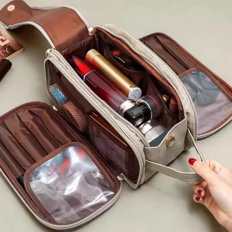 

Многофункциональная кожаная косметичка большой емкости, портативная двойная молния, дорожная кисточка для макияжа, сумка для хранения туалетных принадлежностей
