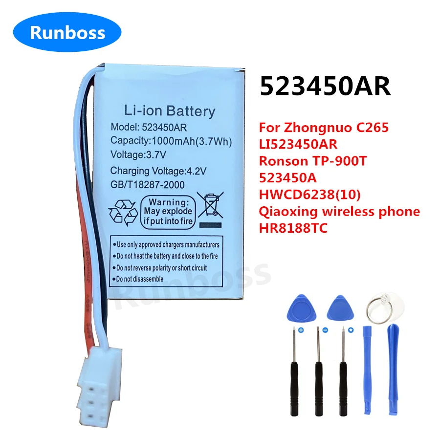 1000mAh 523450AR Battery For Zhongnuo C265 LI523450AR Ronson TP-900T 523450A HWCD6238(10) Qiaoxing Wireless Phone 063450AR