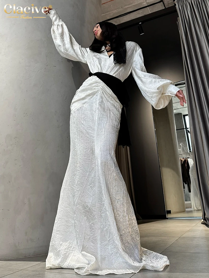 

Clacive Fashion Loose White Women Dress 2026 Sexy V-Neck Long Sleeve Maxi Dresses Elegant Classic Solid Female Dress Streetwear