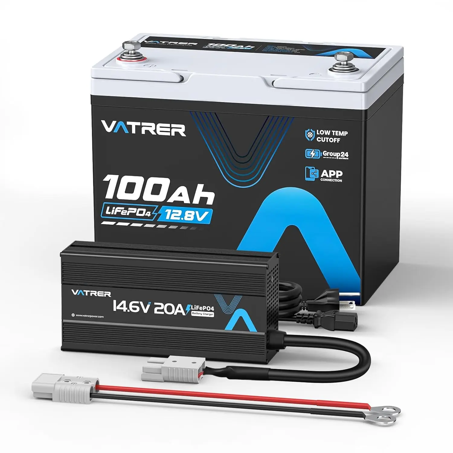 12V 100Ah Group 24 Lithium LiFePO4 Battery 150A BMS Rechargeable Deep Cycle Battery + 14.6V 20A AC-DC LiFePO4, Customized