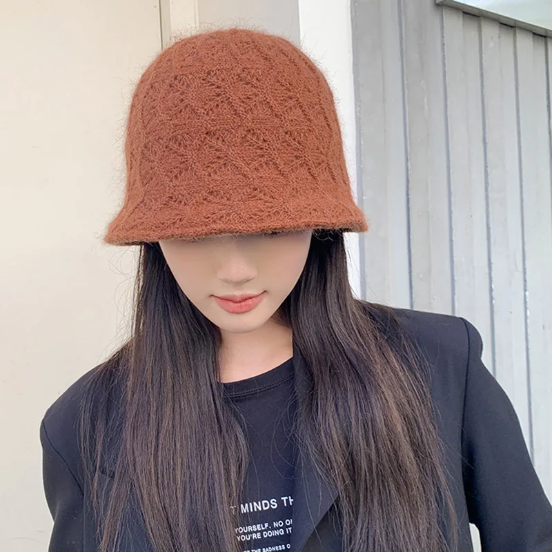 Winter Gentle Bucket Hats for Women Fashion Design Versatile Warm Knitting Fisherman Hat Black Panama Cap Retro Woolen Hat