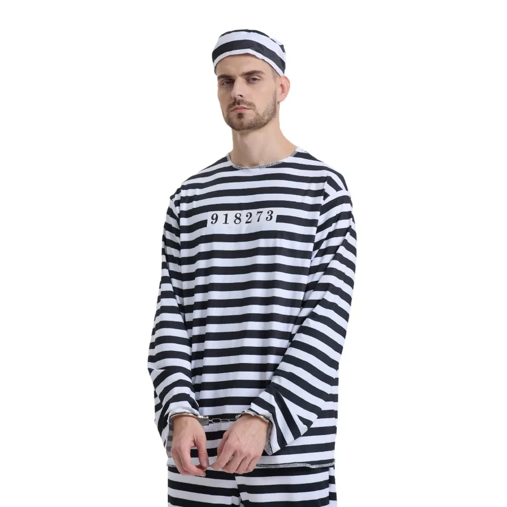 Halloween-Kostüm für Erwachsene, Gefangener, Damen und Herren, Gefängnis-Kostüm, Overall, Sträfling, Jailbird-Outfit, Hemd, Hose