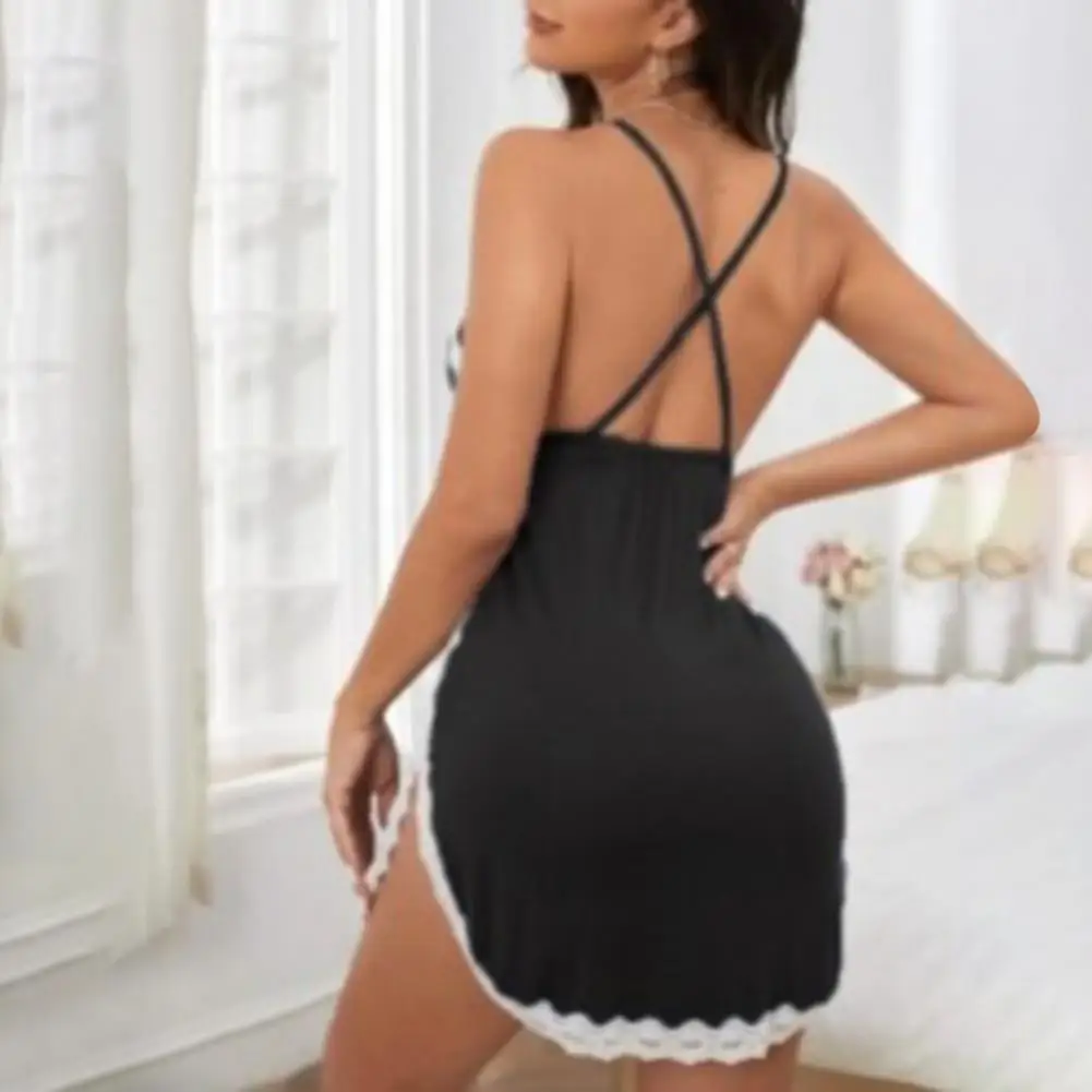 Lounge Women Pajamas Dress Cross Strap Back Deep V Neck Sleeveless Lace Trim Split Hem Contrast Color Slip Dress Sleepwear