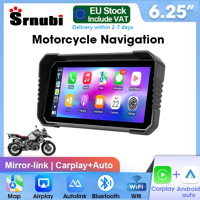 Srnubi 6,25 pouces, autoradio de navigation universel pour moto, CarPlay, Android Auto, Bluetooth, tableau de bord numérique portable pour moto