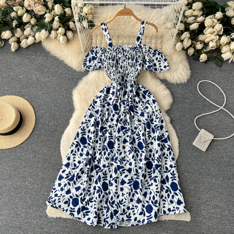 boho vintage donna estate sexy spalle scoperte stampa floreale abito lungo cinturino per spaghetti vacanza al mare 2025 eleganti abiti tunica