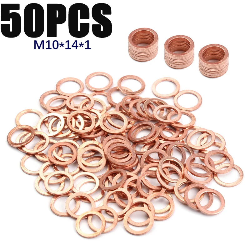 50Pcs Copper Sealing Washer Gasket M10*14*1 Sump Plug Oil For Boat Crush Washer Flat Seal Ring Fitting