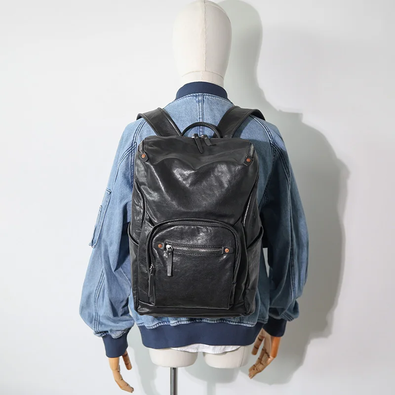 

PNDME casual designers handmade vegetable tanned cowhide men large-capacity backpack outdoor travel soft genuine leather bagpack